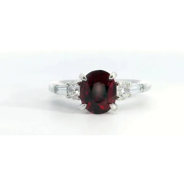 Platinum Oval Ruby Diamond Tapered Baguette Round Shared 4 Prong Ring Saxons Fine Jewelers Bend, OR