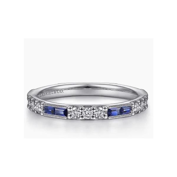 Gabriel & Co. 14 Karat White Gold Diamond Sapphire Baguette Stackable Ring Saxons Fine Jewelers Bend, OR