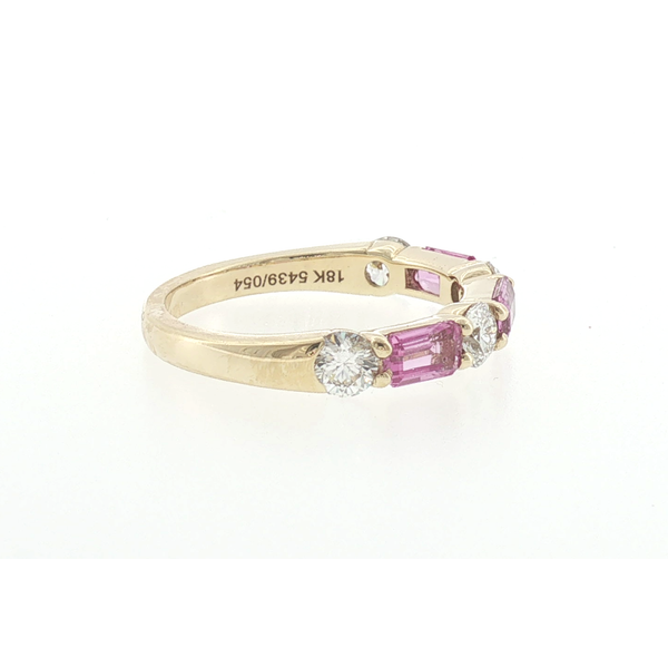 18K Yellow Gold Emerald Cut Pink Sapphire and Round Diamond Band Image 2 Saxons Fine Jewelers Bend, OR