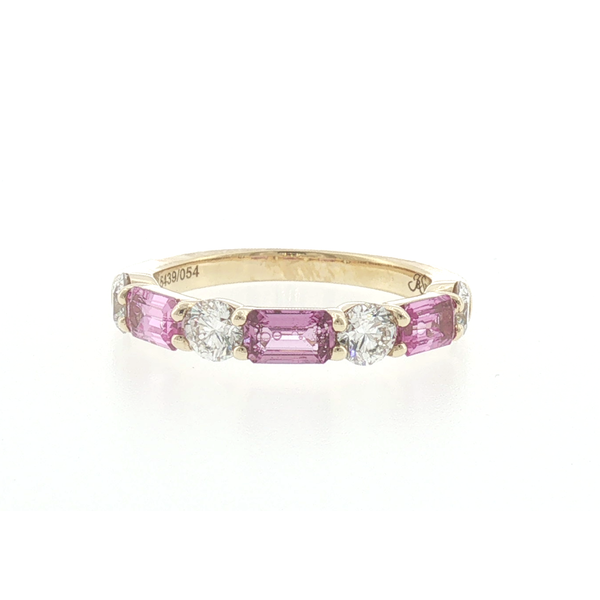 18K Yellow Gold Emerald Cut Pink Sapphire and Round Diamond Band Saxons Fine Jewelers Bend, OR