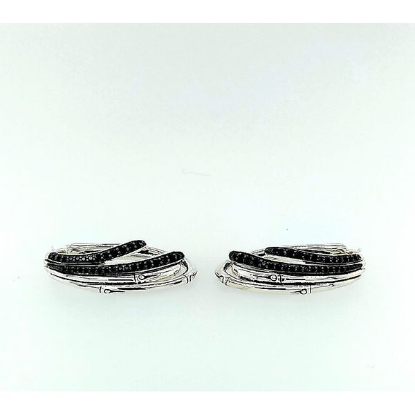 Bamboo Collection Silver Hoop Earrings with Black Sapphires Image 2 Saxons Fine Jewelers Bend, OR