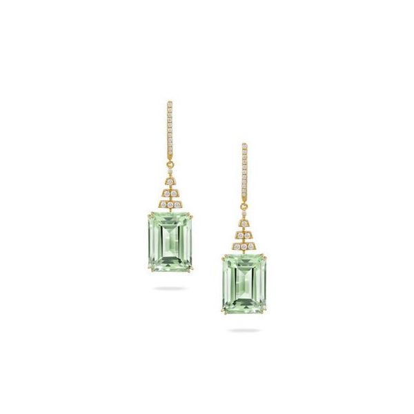 Doves. Yellow Gold Green Amethyst Diamond Drop Earrings GAM=14.84ct D36=.28ct Saxons Fine Jewelers Bend, OR
