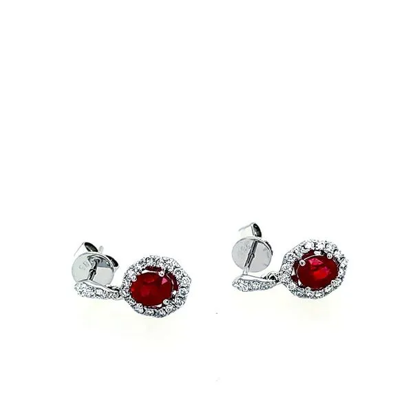 14 Karat White Gold Diamond Halo Ruby Drop Earrings Saxons Fine Jewelers Bend, OR