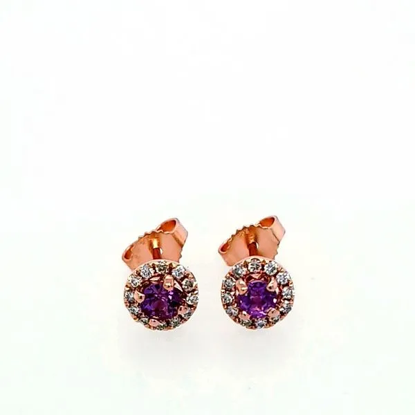 14 Karat Rose Gold Pink Sapphire Diamond Halo Round Studs Saxons Fine Jewelers Bend, OR