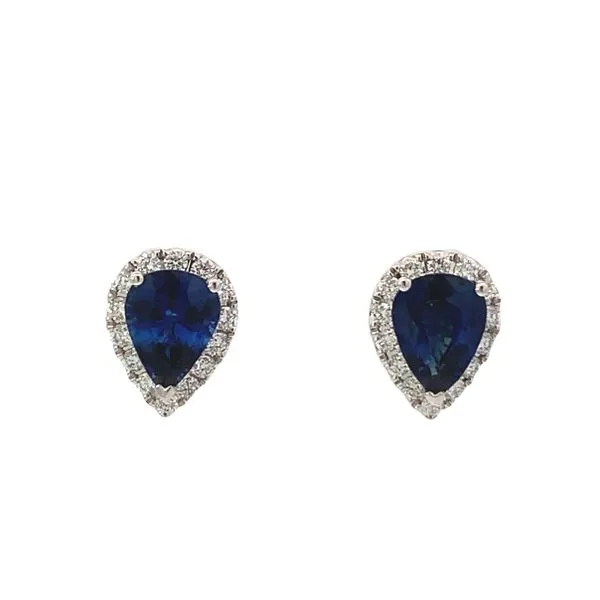 18 Karat White Gold Blue Sapphire Pear Cut Diamond Halo Studs Saxons Fine Jewelers Bend, OR