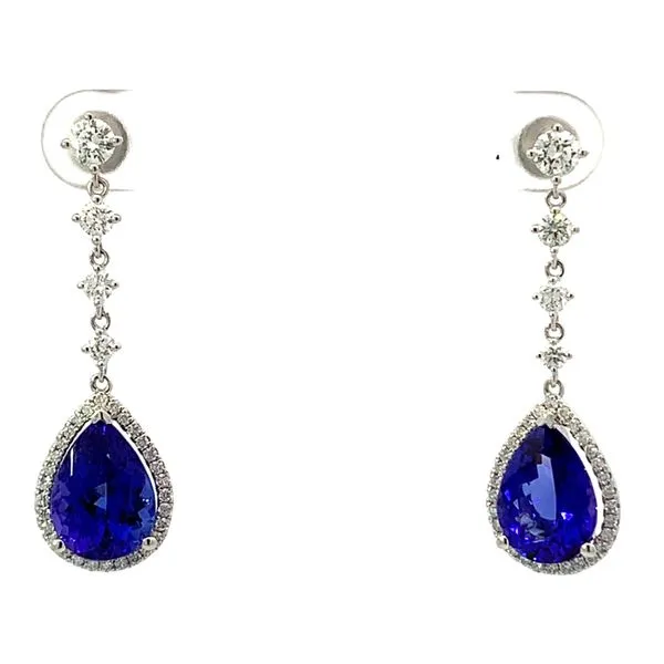 14 Karat White Gold Pear Cut Tanzanite Diamond Halo Drop Earrings Saxons Fine Jewelers Bend, OR