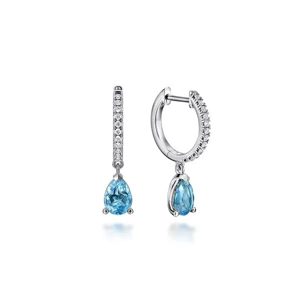 Gabriel & Co. 14 Karat White Gold Pear Blue Topaz Diamond Drop Huggie Earrings Saxons Fine Jewelers Bend, OR