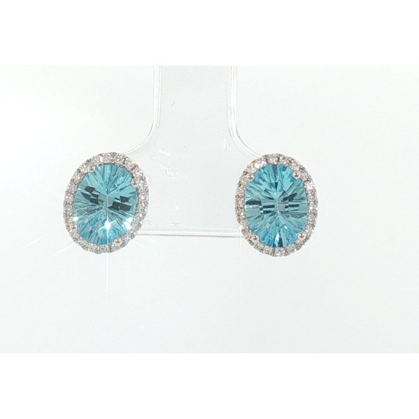 14K White Gold Oval Blue Topaz Diamond Halo Stud Earrings Saxons Fine Jewelers Bend, OR