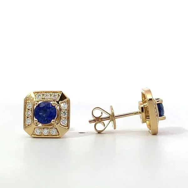 Yellow Gold Sappire Studs with Square Halo Image 2 Saxons Fine Jewelers Bend, OR