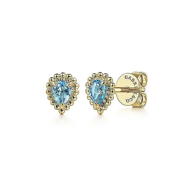 Gabriel & Co. 14 Karat Yellow Gold Swiss Blue Topaz Bujukan Pear Shaped Stud Earrings Saxons Fine Jewelers Bend, OR