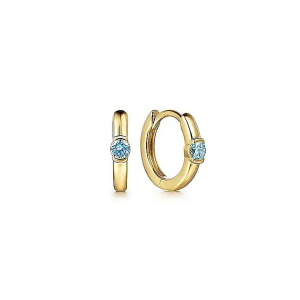 Gabriel & Co. 14 Karat Yellow Gold Blue Topaz Huggies Saxons Fine Jewelers Bend, OR