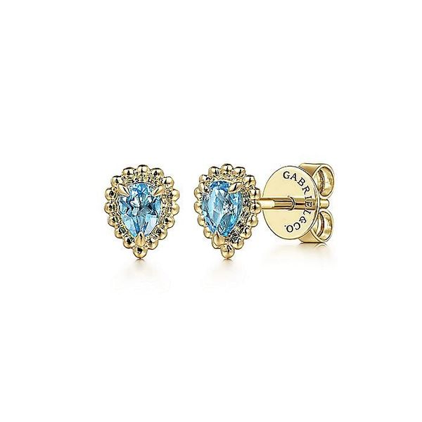 Swiss Blue Topaz Bujukan Stud Earrings in 14 Karat Yellow Gold Saxons Fine Jewelers Bend, OR