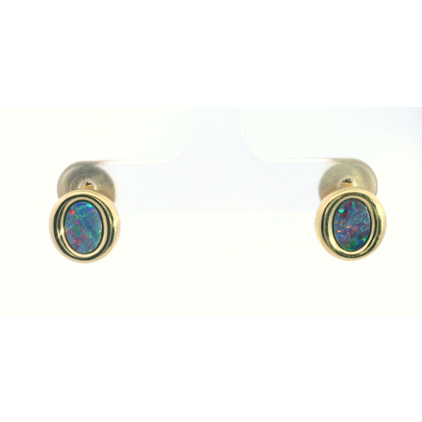 Large Opal Doublet Bezel Earrings in 18 Karat Yellow Gold Saxons Fine Jewelers Bend, OR