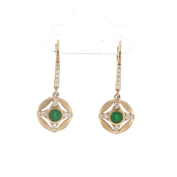 14K Yellow Gold Round Emerald & Diamond Disc Leverback Dangle Earrings, .26ct Em .23ct D Saxons Fine Jewelers Bend, OR