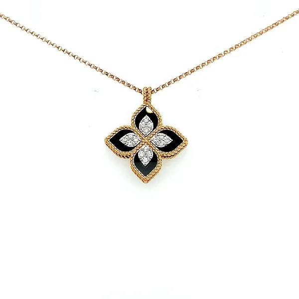 Roberto Coin 18 Karat Rose Gold/ White Gold/ Black Jade Diamond Princess Flower Necklace Saxons Fine Jewelers Bend, OR