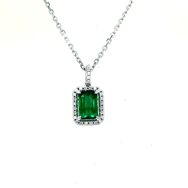 14 Karat White Gold Green Emerald Diamond Halo Pendant Saxons Fine Jewelers Bend, OR