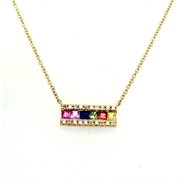 14K YG Rainbow Sapphire Diamond Bar Necklace Saxons Fine Jewelers Bend, OR