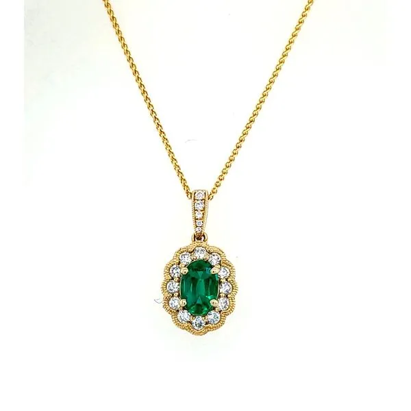14 Karat Yellow Gold Green Emerald Oval Diamond Milgrain Halo Pendant Saxons Fine Jewelers Bend, OR