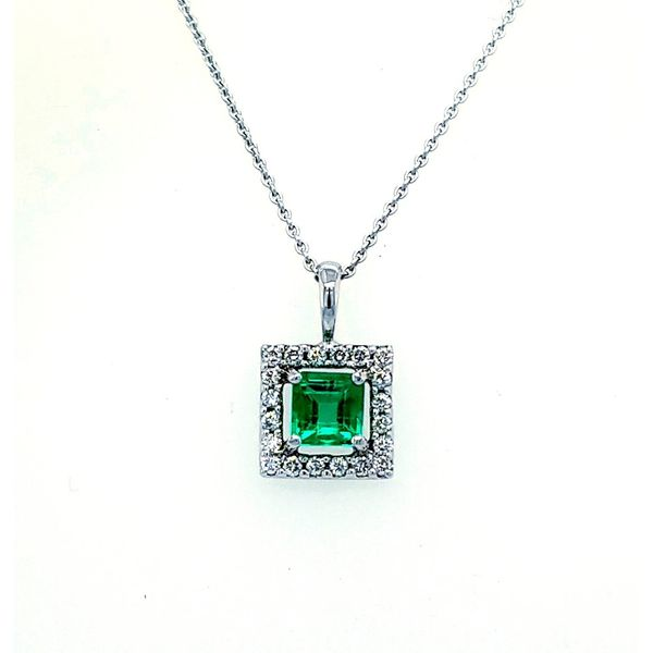 18 Karat White Gold Green Emerald Diamond Halo Pendant Saxons Fine Jewelers Bend, OR