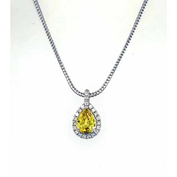 14 Karat White Gold Yellow Sapphire Pear Diamond Halo Pendant Saxons Fine Jewelers Bend, OR