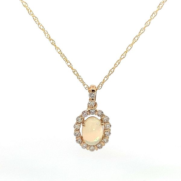 14 Karat Yellow Gold Oval Opal Diamond Halo Pendant Saxons Fine Jewelers Bend, OR