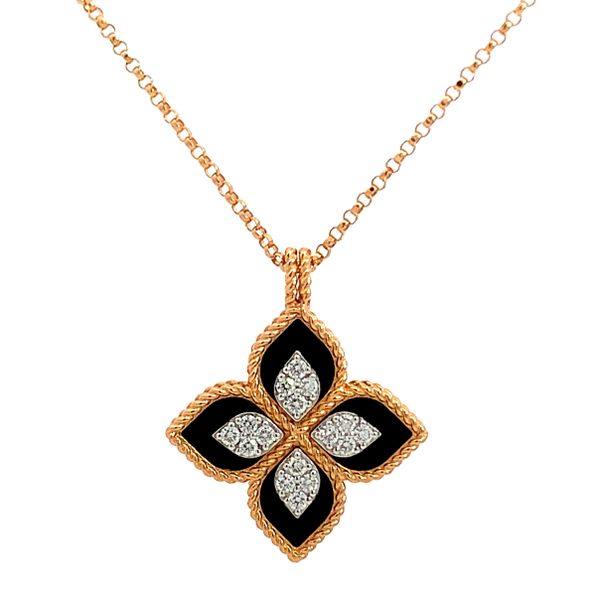 Roberto Coin 18 Karat Rose Gold/ White Gold/ Black Jade Diamond Princess Flower Necklace Saxons Fine Jewelers Bend, OR