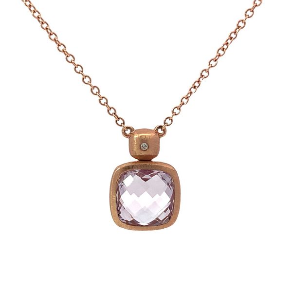 14 Karat Rose Gold Pink Amethyst Cushion Cut Bezel Set Diamond Bail Necklace Saxons Fine Jewelers Bend, OR