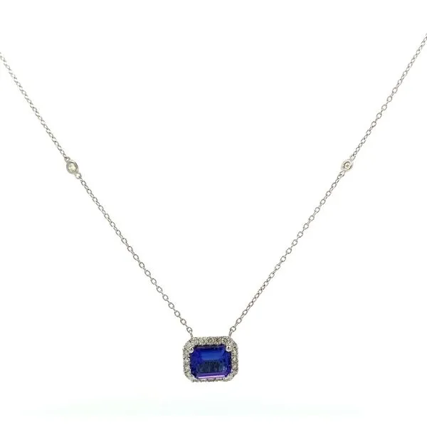 14 Karat White Gold Emerald Cut Tanzanite Diamond Halo Bezel Station Necklace Saxons Fine Jewelers Bend, OR