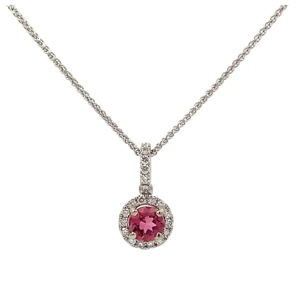 14 Karat White Gold Pink Tourmaline Diamond Halo Pendant Saxons Fine Jewelers Bend, OR