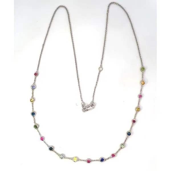 14 Karat White Gold Colored Round Sapphire Bezel Set Necklace Saxons Fine Jewelers Bend, OR