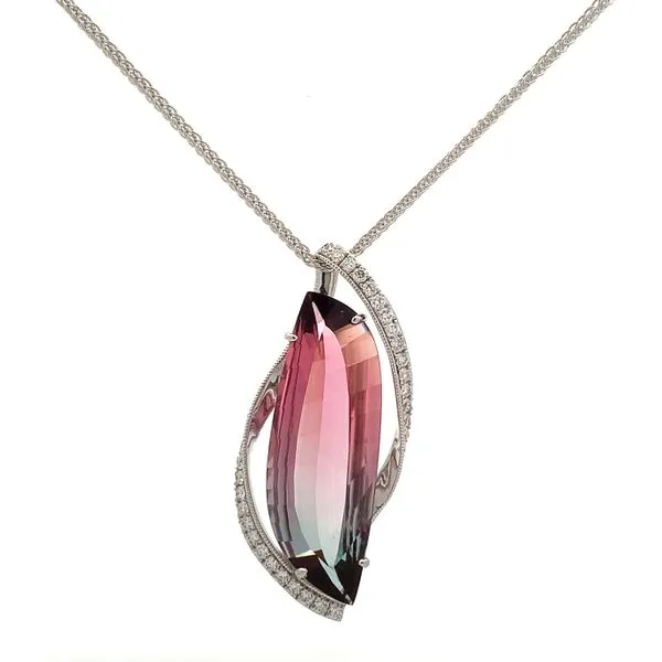 18 Karat White Gold Watermelon Tourmaline Diamond Pendant Saxons Fine Jewelers Bend, OR