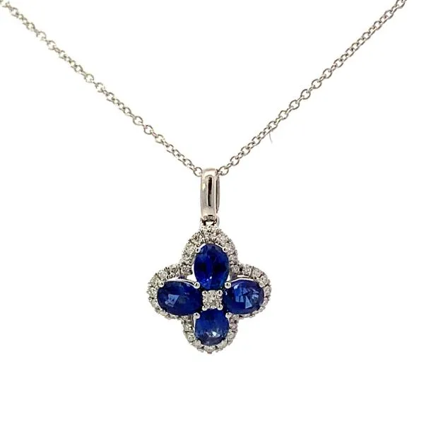 14 Karat White Gold Sapphire Diamond Flower Pendant Necklace Saxons Fine Jewelers Bend, OR