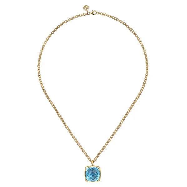 Gabriel & Co. 14 Karat Yellow Gold Cushion Cut Blue Topaz Flower Pattern Bezel Setting Necklace Image 2 Saxons Fine Jewelers Bend, OR