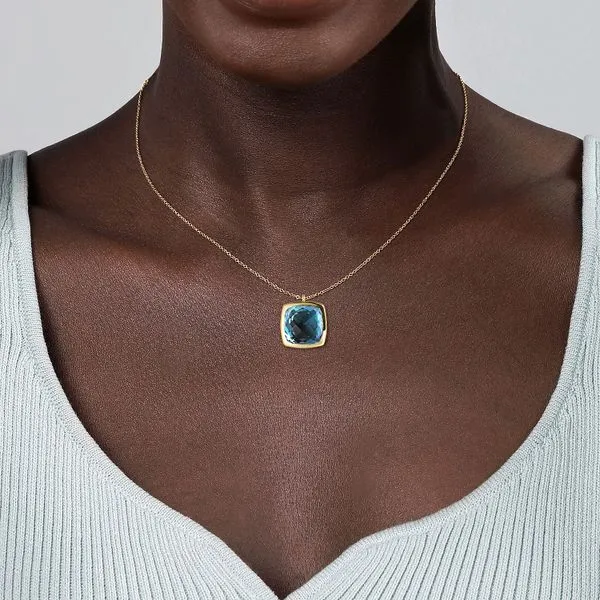 Gabriel & Co. 14 Karat Yellow Gold Cushion Cut Blue Topaz Flower Pattern Bezel Setting Necklace Image 3 Saxons Fine Jewelers Bend, OR