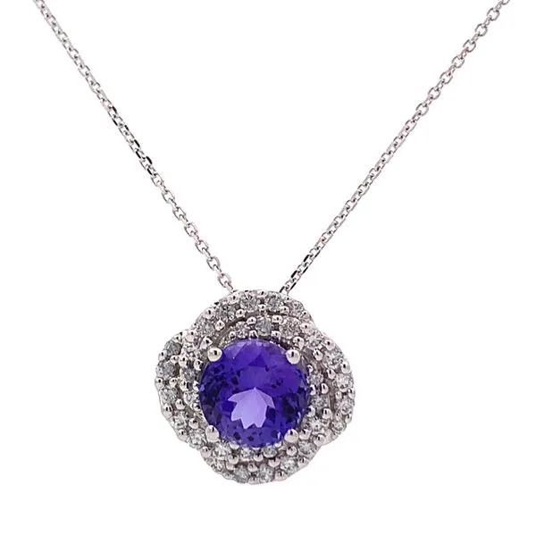 14 Karat White Gold Tanzanite Diamond Double Halo Pendant Necklace Saxons Fine Jewelers Bend, OR