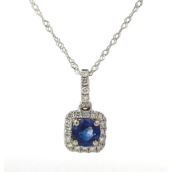 White Gold and Sapphire Pendant with Diamond Halo Saxons Fine Jewelers Bend, OR
