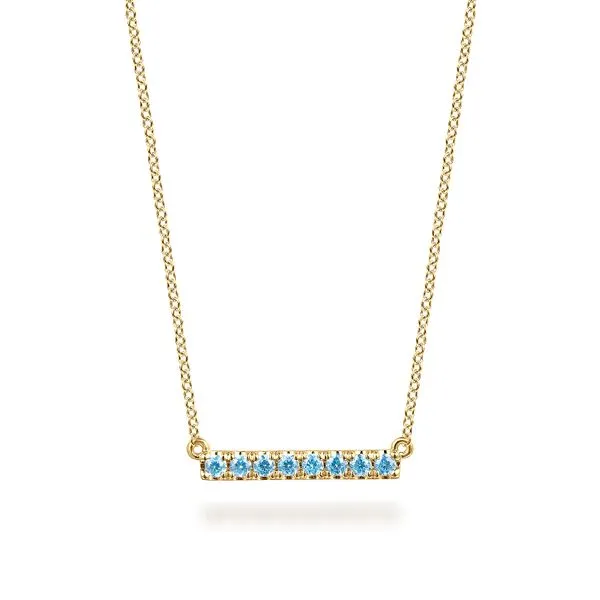 Gabriel & Co. 14 Karat Yellow Gold Blue Topaz Bar Necklace Saxons Fine Jewelers Bend, OR