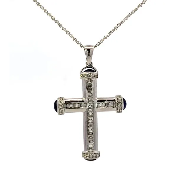 14K White Gold Blue Sapphire Cab Diamond Bag/ Round Cross...
