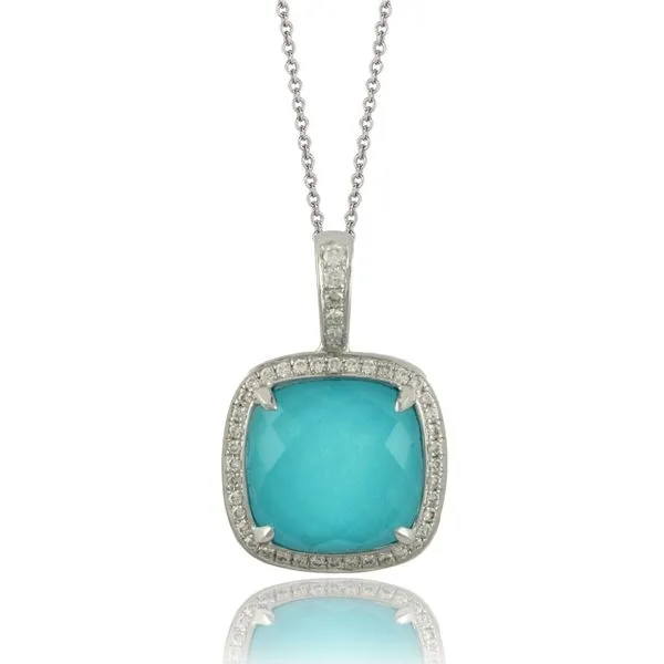 Doves. 18 Karat White Gold Cushion Turquoise Clear Quartz Diamond Square Halo Pendant similar item image
