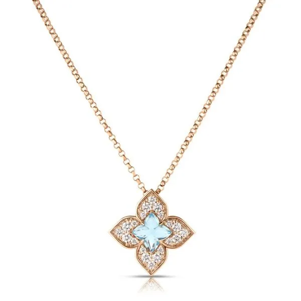 18K Rose Gold Blue Topaz Diamond Venetian Princess Necklace Saxons Fine Jewelers Bend, OR