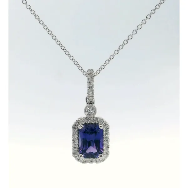 18K White Gold Purple Sapphire Diamond Halo Pendant Saxons Fine Jewelers Bend, OR