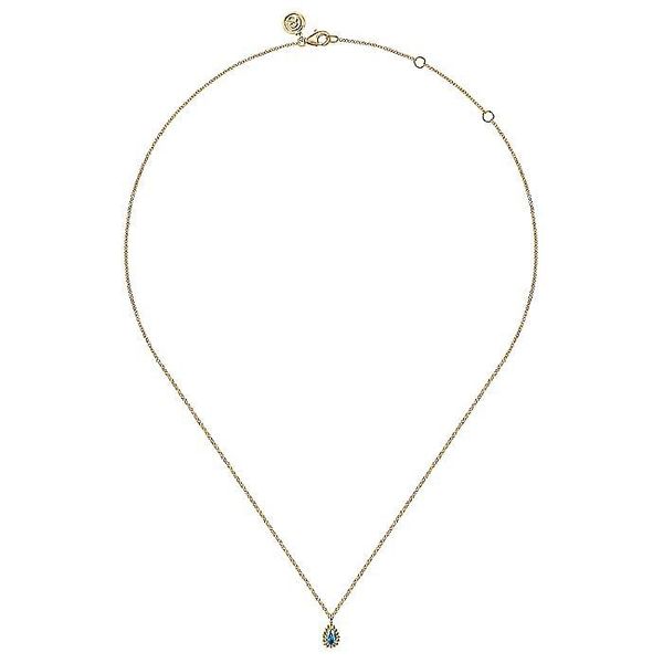 Gabriel & Co. 14 Karat Yellow Gold Swiss Blue Topaz Bujukan Pear Pendant Necklace Image 2 Saxons Fine Jewelers Bend, OR