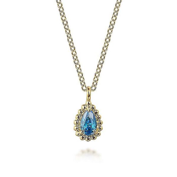 Gabriel & Co. 14 Karat Yellow Gold Swiss Blue Topaz Bujukan Pear Pendant Necklace Saxons Fine Jewelers Bend, OR