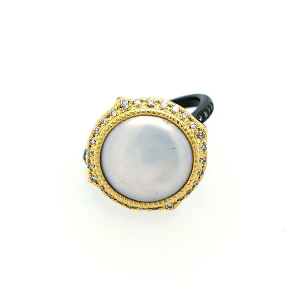 Armenta. 18 Karat Blackened Sterling Silver Coin Champagne Diamond Pearl Ring Saxons Fine Jewelers Bend, OR