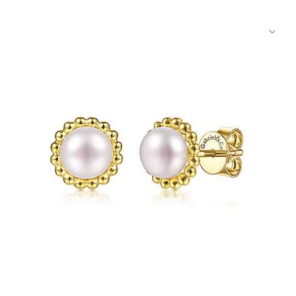 Gabriel & Co. 14 Karat Yellow Gold Freshwater Pearl Beaded Frame Studs Saxons Fine Jewelers Bend, OR