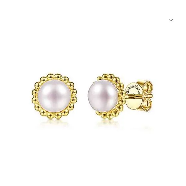 Gabriel & Co. 14 Karat Yellow Gold Freshwater Pearl Beaded Frame Studs Saxons Fine Jewelers Bend, OR