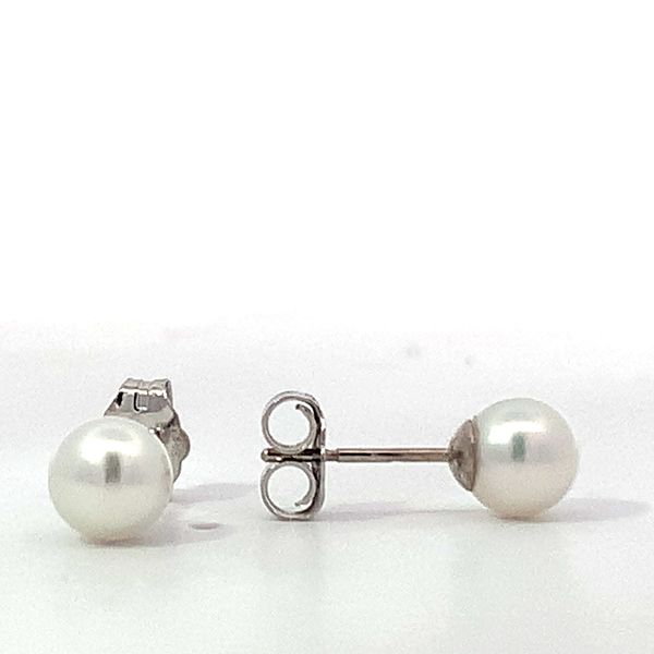 14K White Gold Akoya Round Pearl Stud Earrings 5 to 5.5mm White Cream High Luster Half Drilled Cap Setting Saxons Fine Jewelers Bend, OR