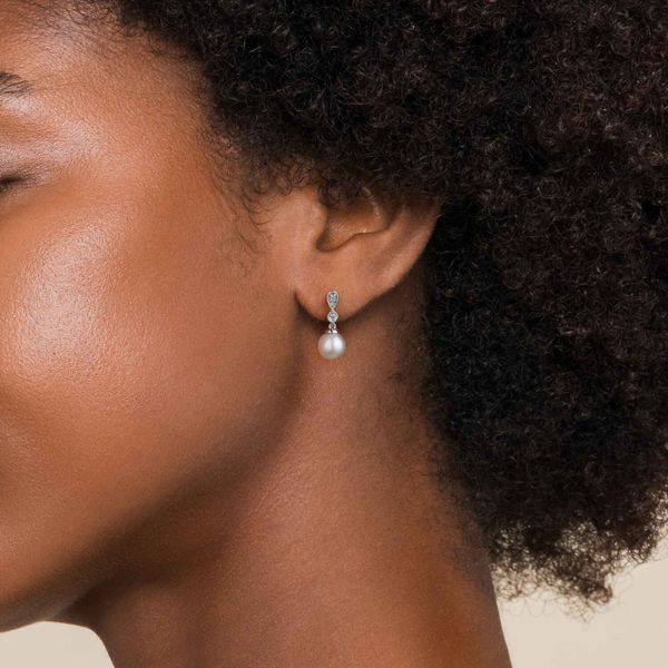 Sterling Silver Cream Freshwater Pearl and White Sapphire Drop Earrings 1.11ct Image 3 Saxons Fine Jewelers Bend, OR