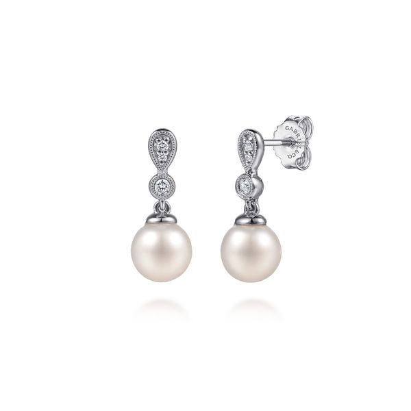 Sterling Silver Cream Freshwater Pearl and White Sapphire Drop Earrings 1.11ct Saxons Fine Jewelers Bend, OR