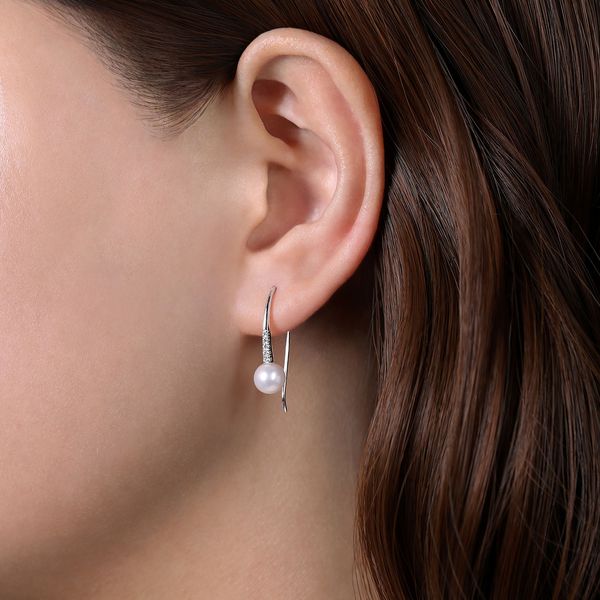 14K White Gold White Freshwater Pearl and Diamond Fish Wire Drop Earrings 0.65ct Image 2 Saxons Fine Jewelers Bend, OR